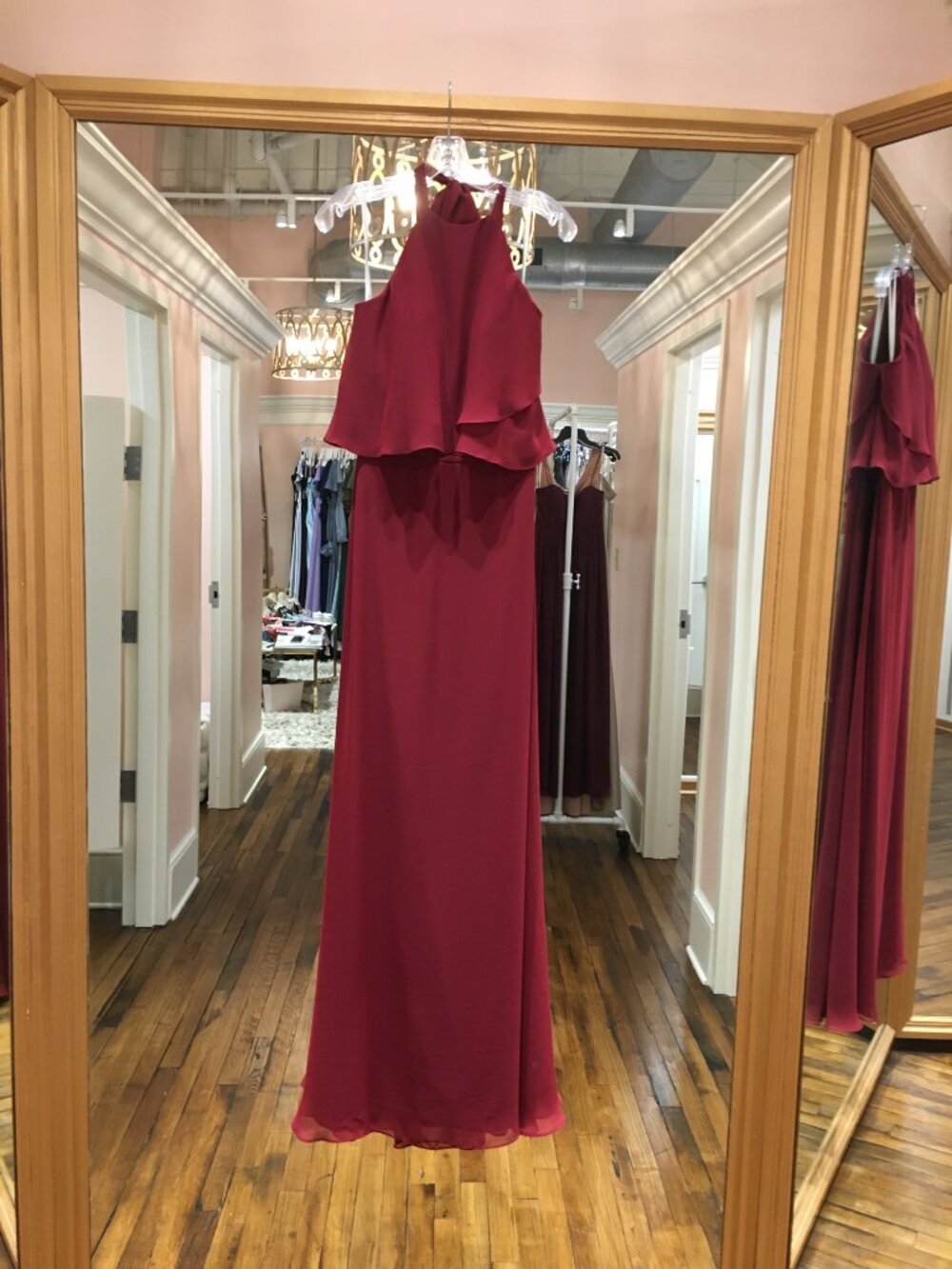 Burgundy Chiffon Halter Maxi Dress Boho Ruffle Overlay Bow Tie B2 Jasmine
